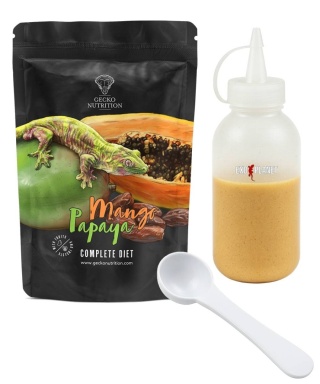 Gecko Nutrition Zestaw: Mango&Papaya 50g + Butelka do wyciskania pokarmów 100ml + Łyżeczka-miarka MiniSpoon