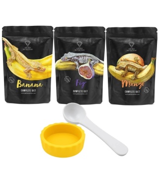 Gecko Nutrition Zestaw 3 pokarmy 50g + miseczka żółta + łyżeczka-miarka