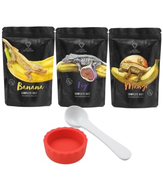 Gecko Nutrition Zestaw 3 pokarmy 50g + miseczka czerwona + łyżeczka-miarka