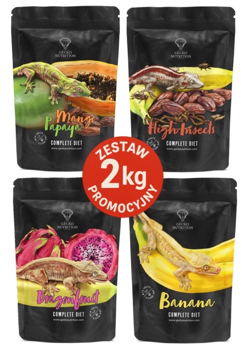 Gecko Nutrition Zestaw 2 kg: Mango&Papaya + High Insect + Dragonfruit + Banan